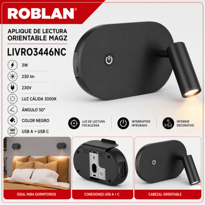 APLIQUE LED INTERIOR ORIENTABLE NEGRO 3W + USB1