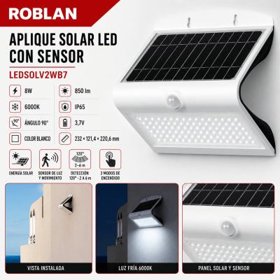 APLIQUE SOLAR DE EXTERIOR BLANCO CON SENSOR 8W IP65 3.7V1