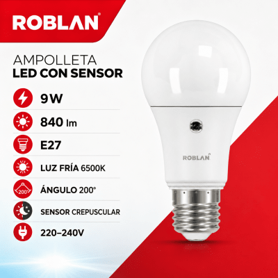 AMPOLLETA LED FRIA CON SENSOR 9W E27