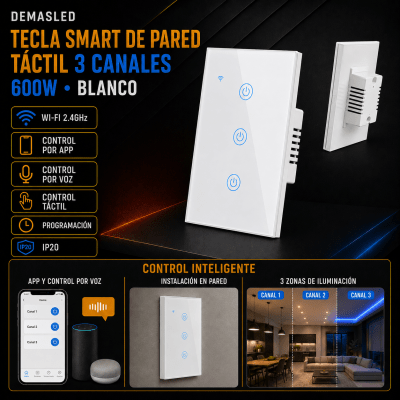 TECLA SMART DE MURO TÁCTIL CON 3 CANALES 600W BLANCO
