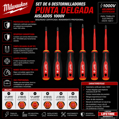 SET DE 6 DESTORNILLADORES DE PUNTA DELGADA AISLADOS