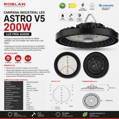 CAMPANA INDUSTRAIL LED ASTRO V5 200W 6000K IP65 IK10 0-10V
