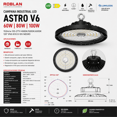 CAMPANA LED INDUSTRIAL ASTRO 100W  120-277V IP65 IK10 0-10V Negro