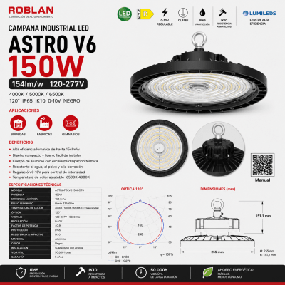 CAMPANA LED INDUSTRIAL ASTRO V6 150W 120-277V 120° IP65 IK10 0-10V