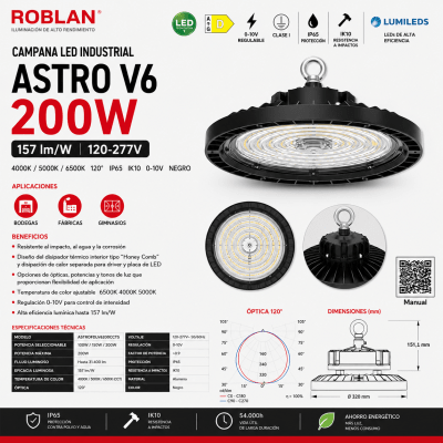 CAMPANA LED INDUSTRIAL ASTRO V6 200W 120-277V 120° IP65 IK10 0-10V