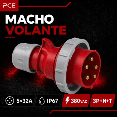 ENCHUFE INDUSTRIAL MACHO VOLANTE 5X32A IP67 380VAC1