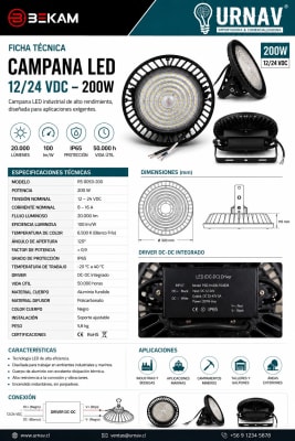 CAMPANA INDUSTRIAL LED LUZ FRIA 200W 12-24V