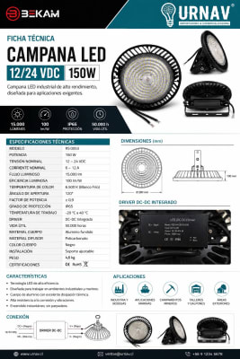 CAMPANA INDUSTRIAL LED LUZ FRÍA 150W 12-24V