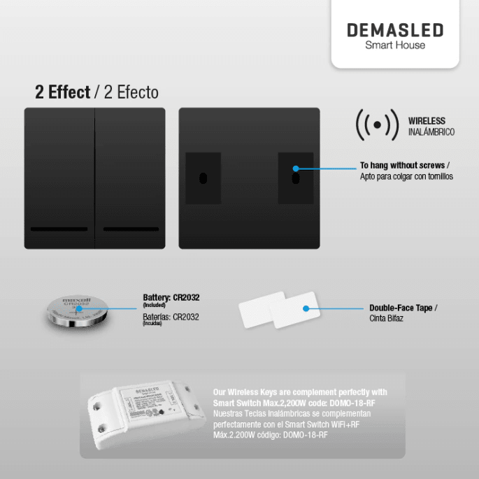 TECLA INALÁMBRICA RF 2 EFECTO SMART HOUSE WIFI4