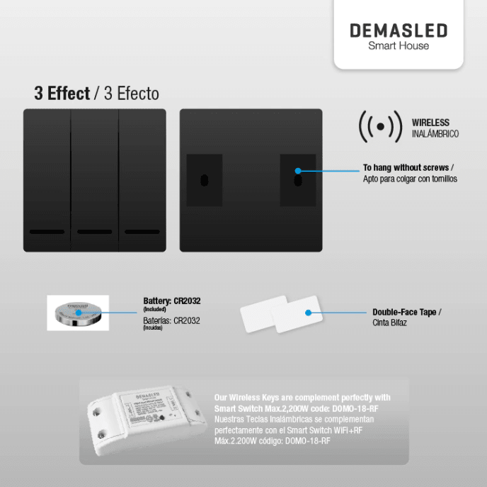 TECLA INALÁMBRICA RF DE 3 EFECTO SMART HOUSE3