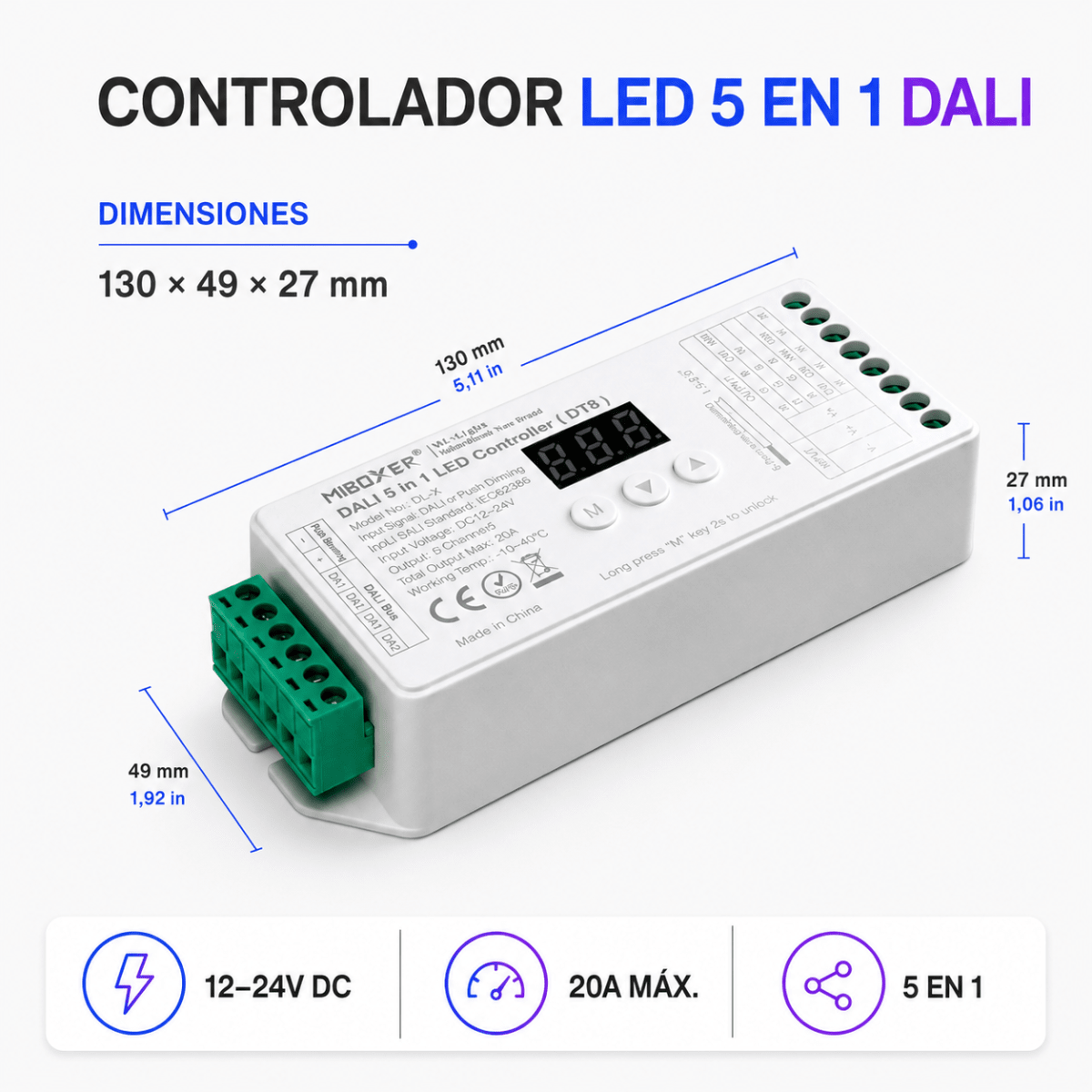 CONTROLADOR LED 5 EN 1 SEÑAL DALI 20A 12-24V2