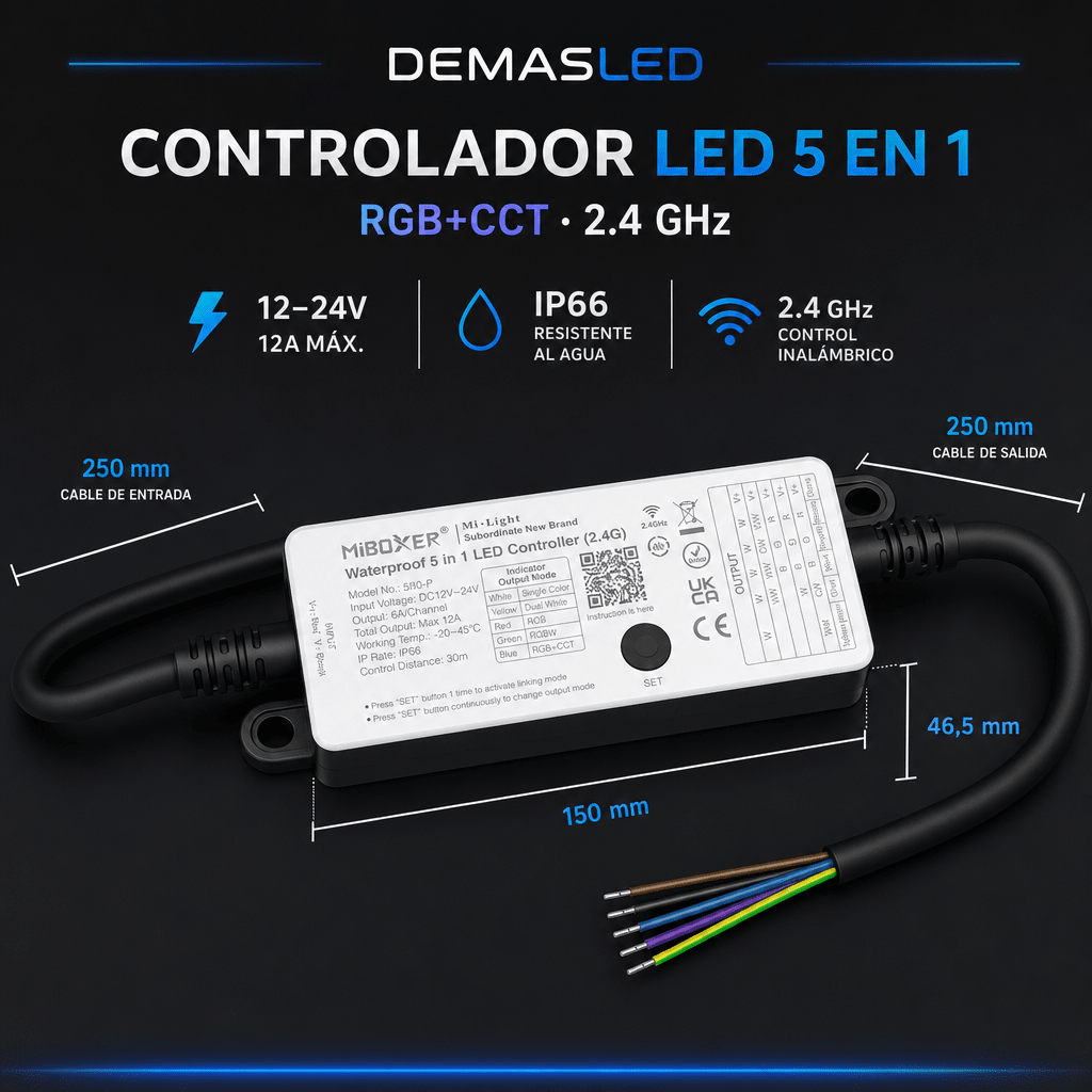 CONTROLADOR LED 5 EN 1 RGB+CCT 2.4GHZ 12A 12-24V1