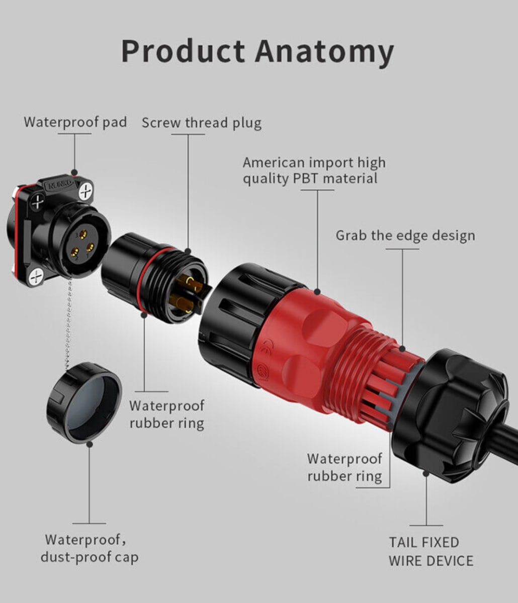 CONECTOR CIRCULAR 2P HEMBRA VOLANTE IP67 NEGRO/ROJO2