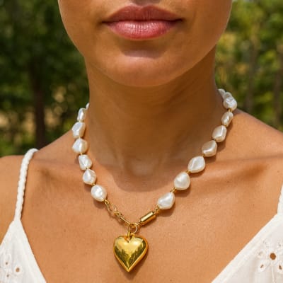 Collar Pearl & Gold Heart Link3