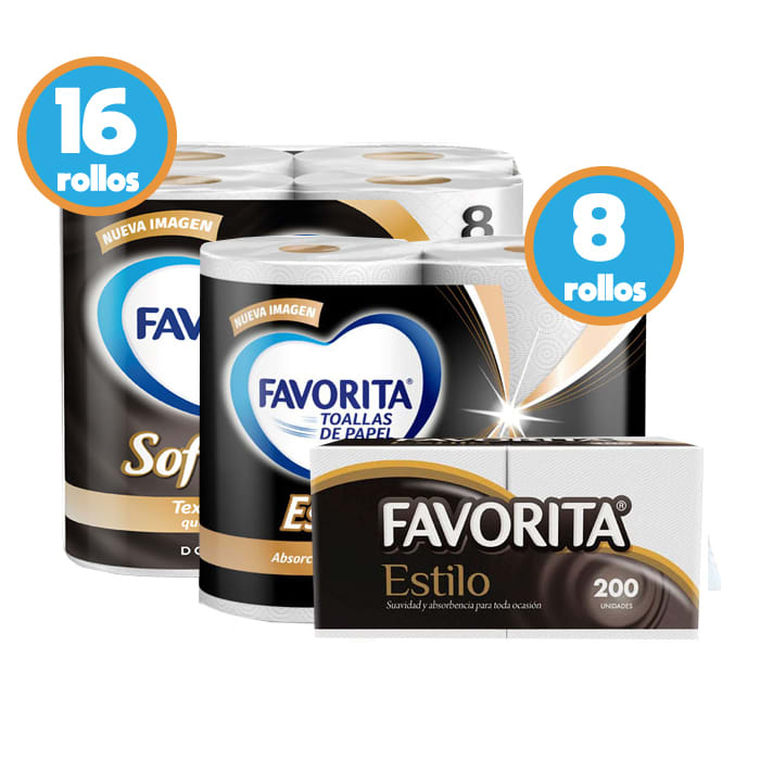 Pack Favorita 16 rollos Papel Higiénico Soft Care + 8 rollos Toalla de Papel Estilo + 200 Servilletas Estilo