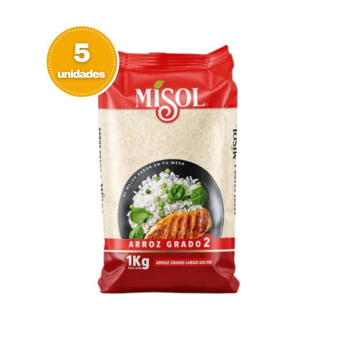 Pack 5 Paquetes de Arroz Grano N°2 De 1Kg. Misol
