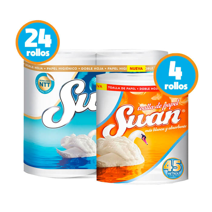 Pack Swan 24 rollos Papel Higiénico Mi Hogar 50mts + 4 rollos Toalla de Papel 45mts.