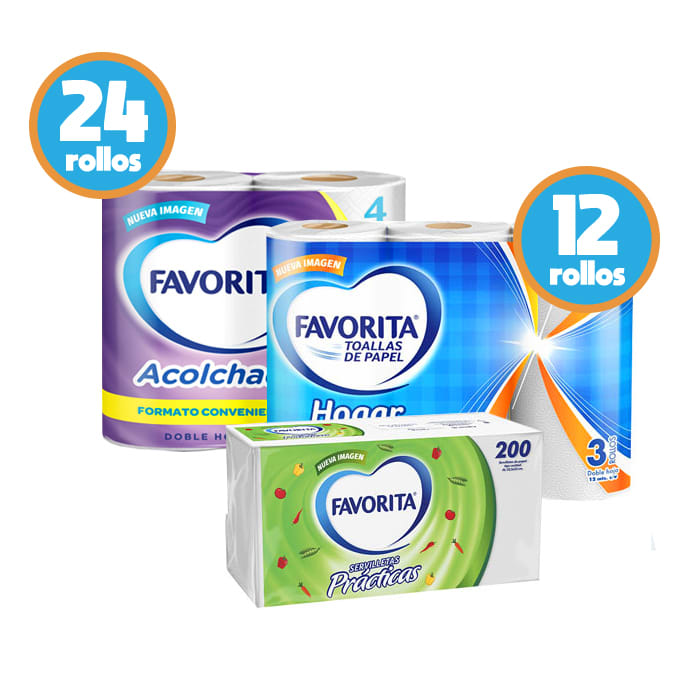 Pack Favorita 24 rollos Papel Higiénico Acolchado 22mt + 12 rollos Toalla de Papel Hogar + 200 Servilletas Prácticas