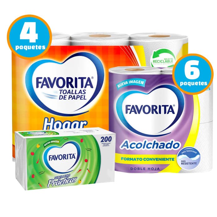 Pack Favorita 24 Rollos PH Acolchado 22 Mt + 12 Rollos Toalla de Papel Hogar Mini 10 Mt + 200 Servilletas Prácticas.