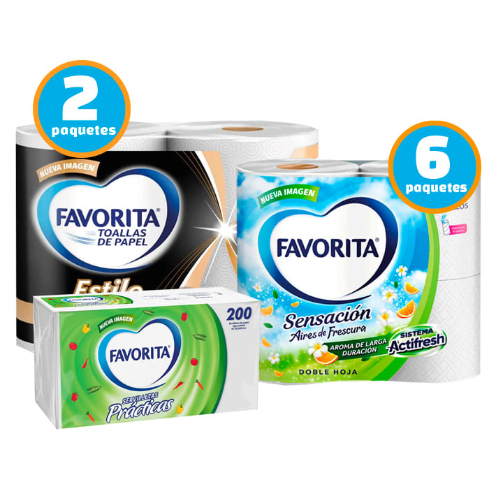 Pack Favorita 24 Rollos PH Sensación 22 Mt + 4 Rollos Toalla De Papel Estilo 26 Mt + 200 Servilletas Prácticas.