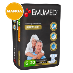 Manga 4 paquetes Pañal Premium Adulto Talla G 20 un + 1 Sabanilla de Regalo.  Emumed Pañal