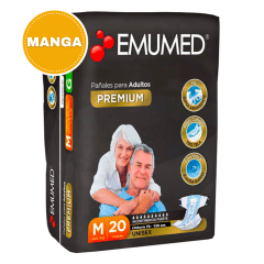 Manga 4 paquetes Pañal Premium Adulto Talla M 20 un + 1 Sabanilla de Regalo.  Emumed Pañal