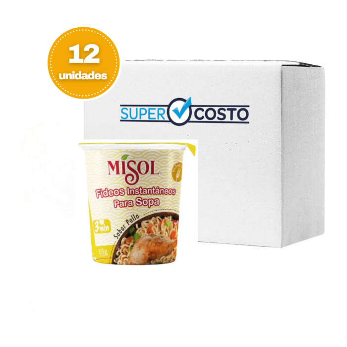 Caja 12 Vasos Fideos Instantáneos Sopa sabor Pollo 65gr. Misol