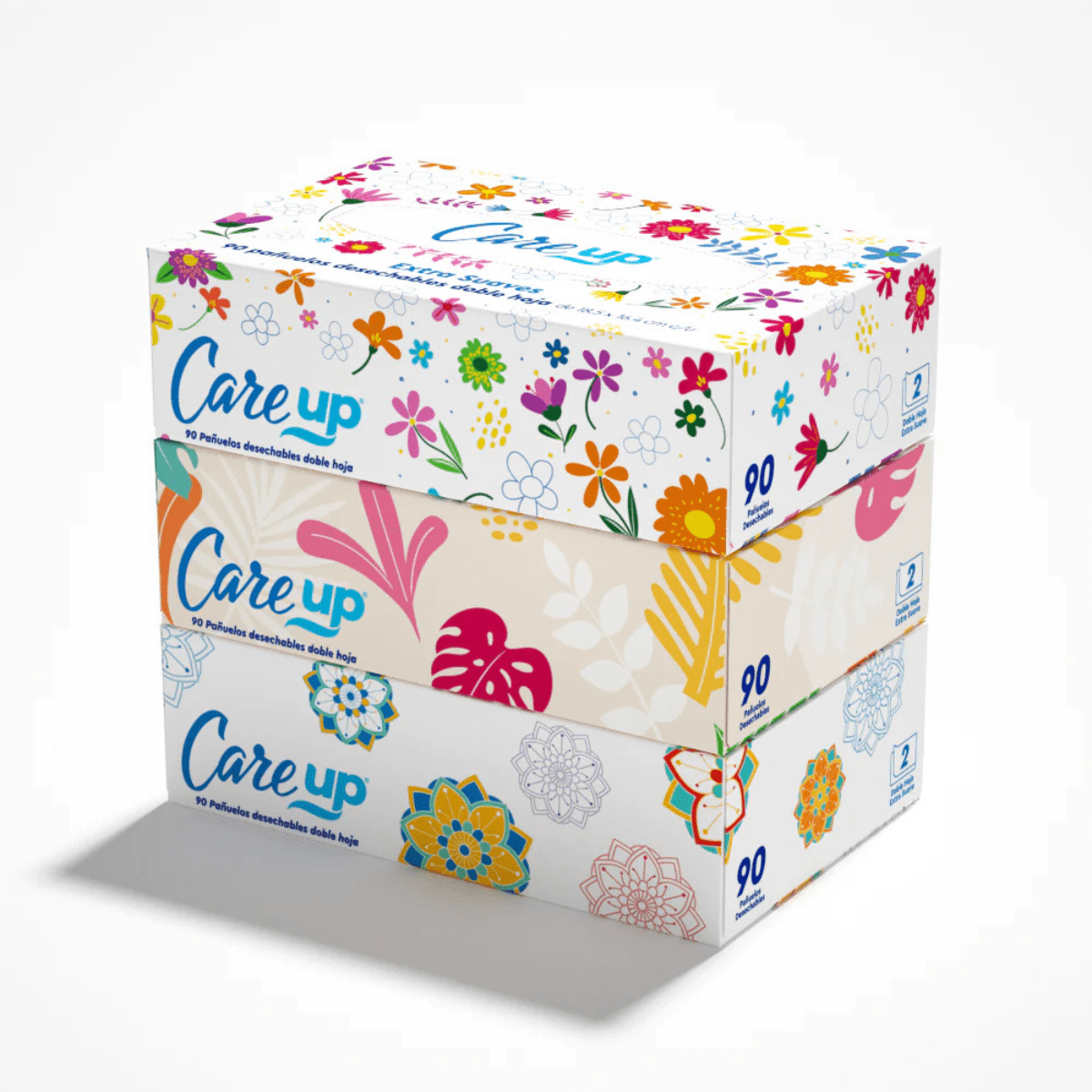 PAÑUELO DESECHABLE CARE UP  DOBLE  HOJA. 3 Cajas x 90 Hojas c/u.