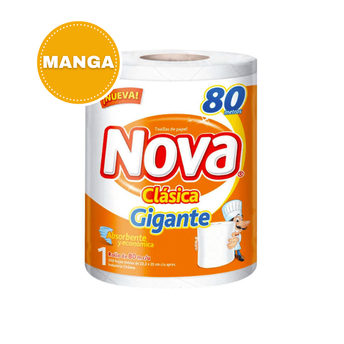 Manga 8 Rollos Toalla De Papel Gigante 80 Mt + 1 Servilleta Nova de Regalo. Nova