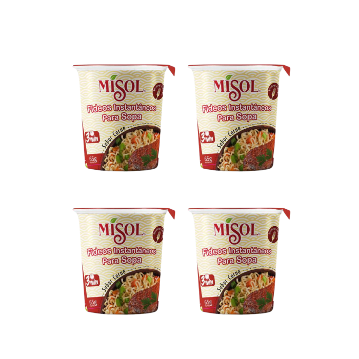 Pack 4 Vasos de Fideos Instantáneos sopa sabor Carne 65gr. Misol
