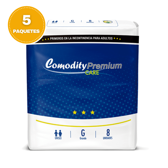 Pack 5 Paquetes Pañal Premium Care Talla G 8Un. Comodity