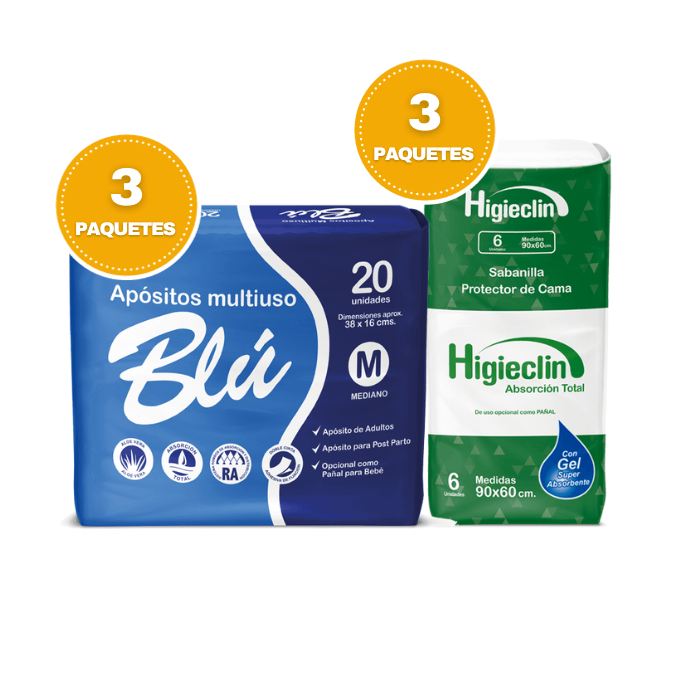 Pack 3 Paquetes Apósito Talla M 20Un + 3 Paquetes Sabanilla Protector Cama 6Un. Higieclin