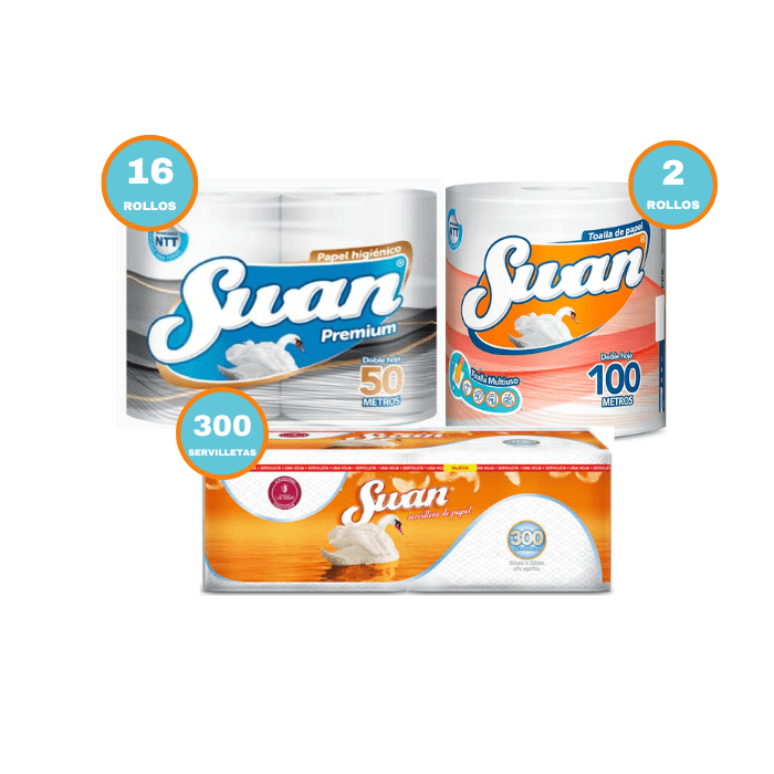 Pack 16 Rollos Swan PH 50mt + 2 Rollos Toalla Swan 100mt + 300 servilletas Swan