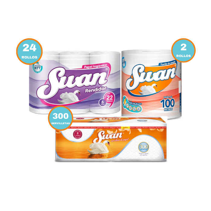 Pack 24 Rollos PH Swan 20mt + 2 Rollos Toalla Swan 100mt + 300 Servilletas Swan