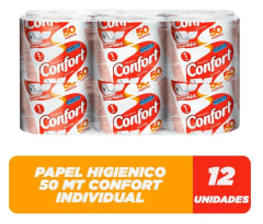 - Papel higiénico Confort 50 mt. una hoja envase fajilla individual x12 rollos