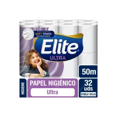 Papel higiénico Elite Ultra doble hoja 50  mt. x32 rollos. Precio con IVA incluido.