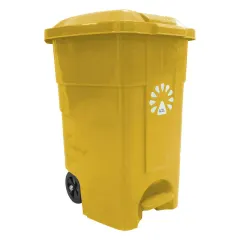 Basurero tapa pedal amarillo 50 litros con ruedas. Precio con IVA.