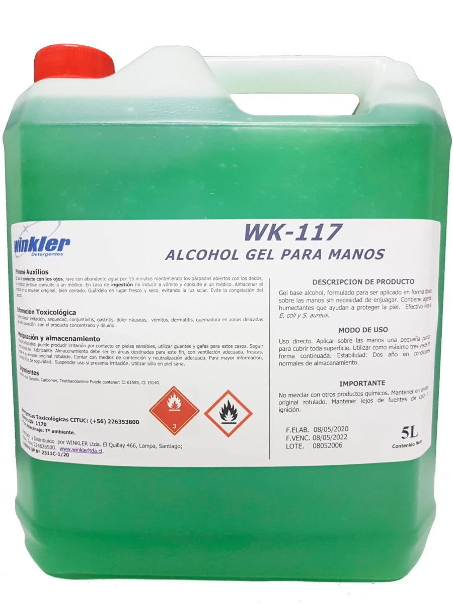 ALCOHOL GEL PARA MANOS 5 LT. WINKLER. PRECIO CON IVA INCLUIDO1