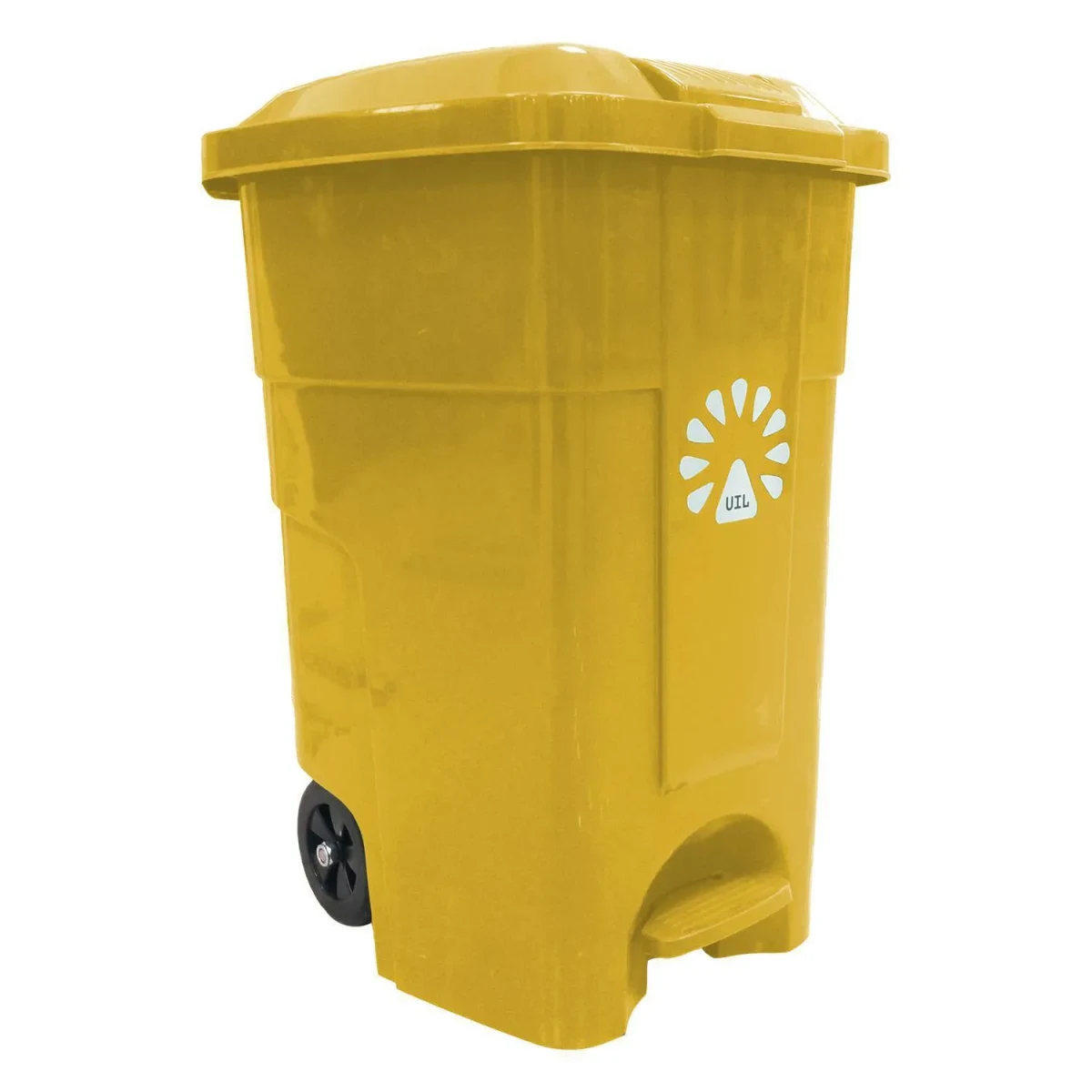 Basurero tapa pedal amarillo 50 litros con ruedas. Precio con IVA.1