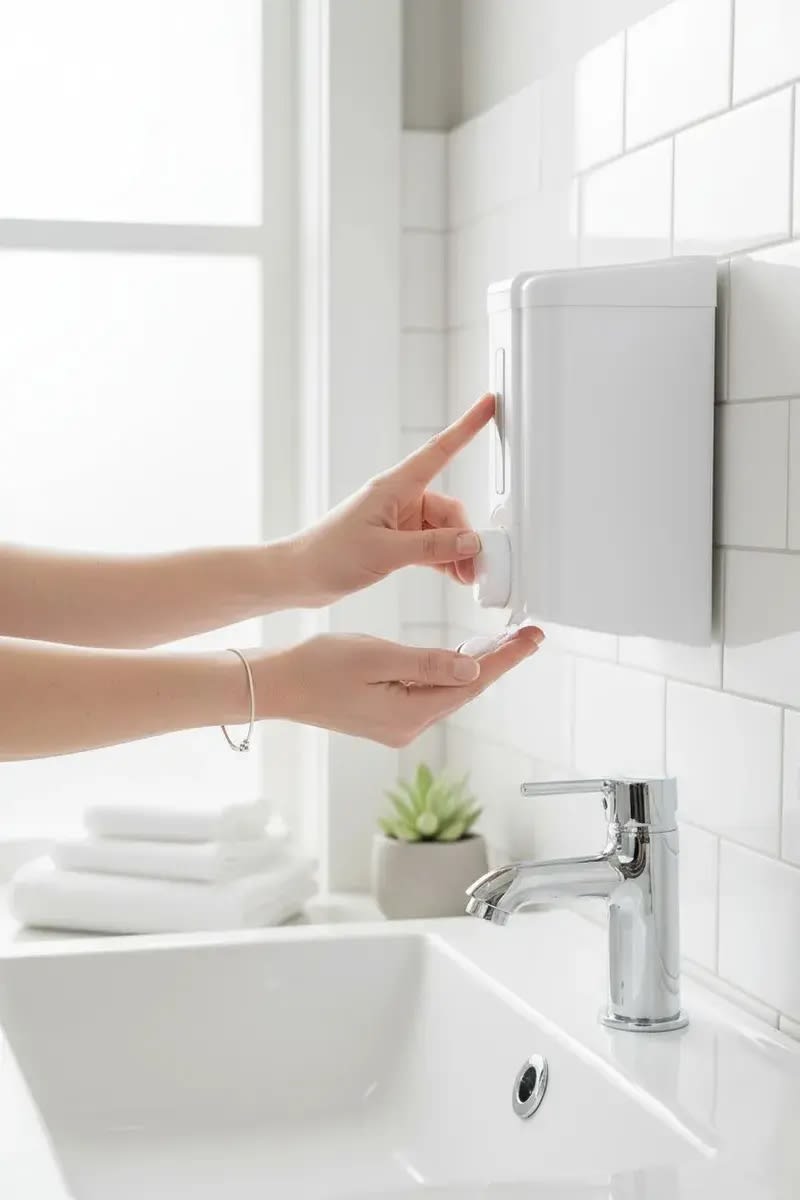 • Dispensador jabon 500 ml. Window blanco para baño y cocina2