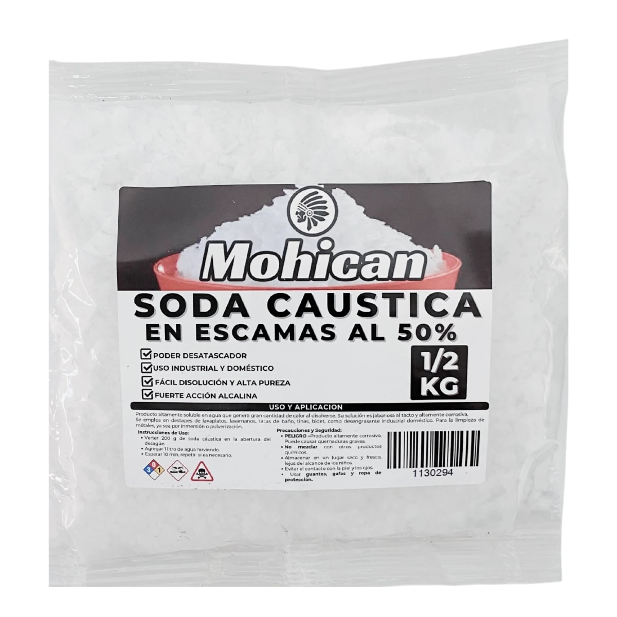 Soda Cáustica en Escamas al 50 % 1/2 Kg MOHICAN1