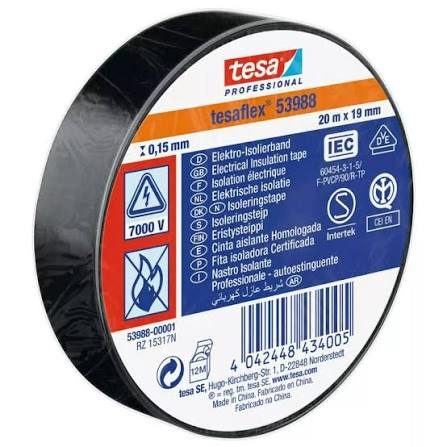 Cinta Aislante Eléctrica Profesional Negra 19 mm x 20 m TESA2