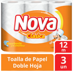 NOVA CLÁSICA TOALLA PAPEL DOBLE HOJA 12 MT X 3 ROLLOS