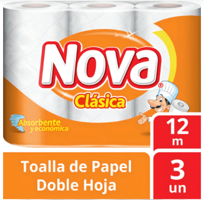 NOVA CLÁSICA TOALLA PAPEL DOBLE HOJA 12 MT X 3 ROLLOS1