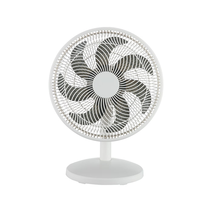Ventilador de mesa Bestherm de frente, con sus 7 aspas y la rejilla de plástico