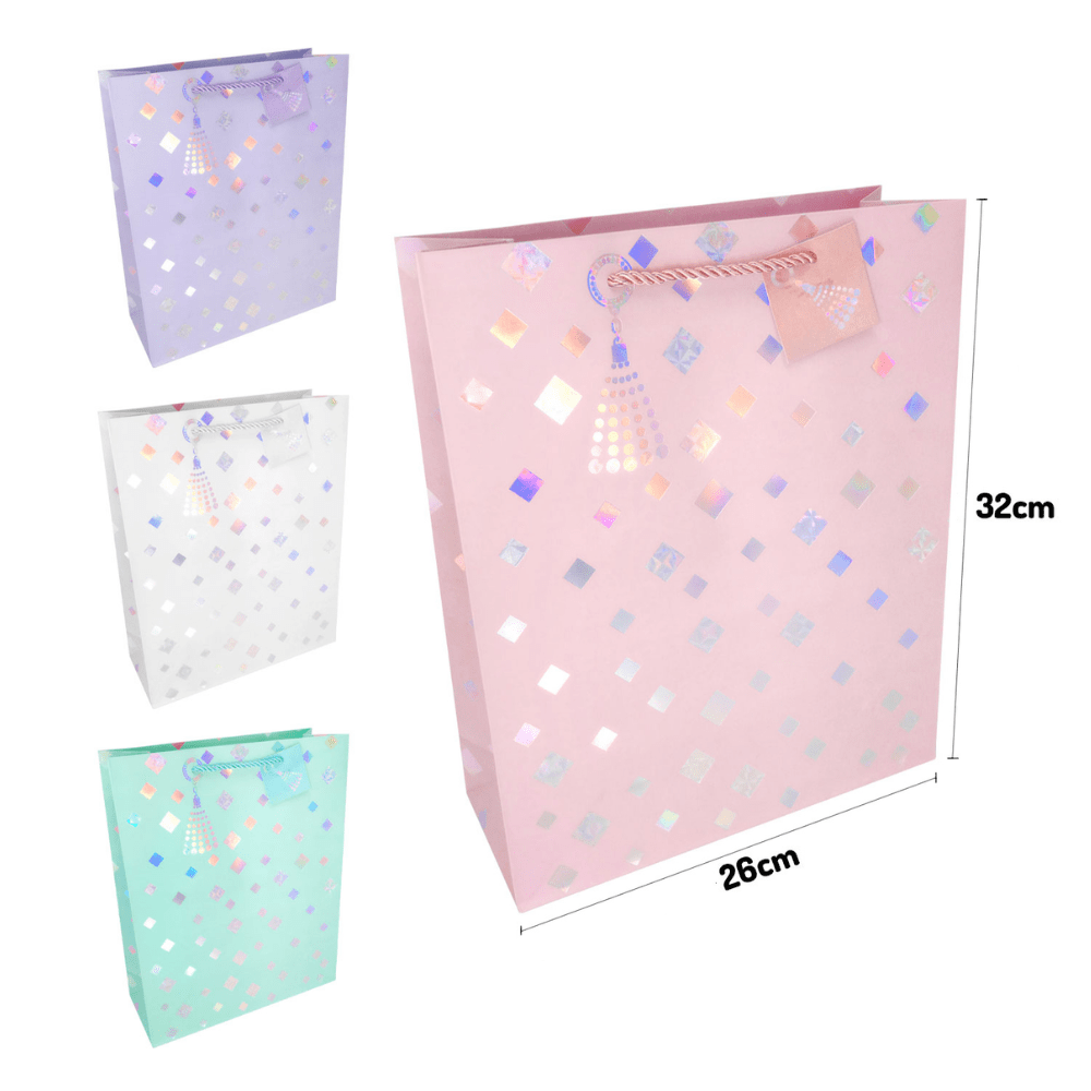 Bolsa Regalo Grande 26x32 Cuadritos Holograficos Feco1
