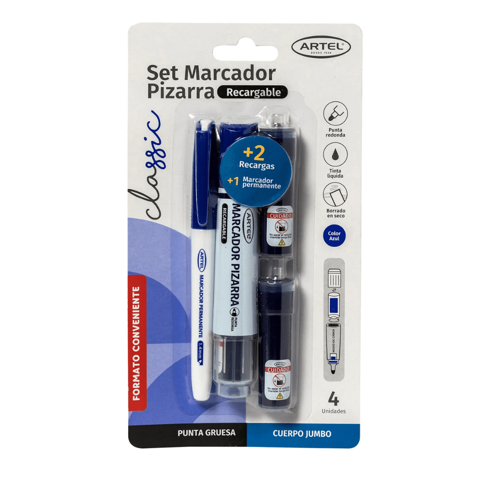 Set Marcador Pizarra Recargable Azul Artel1