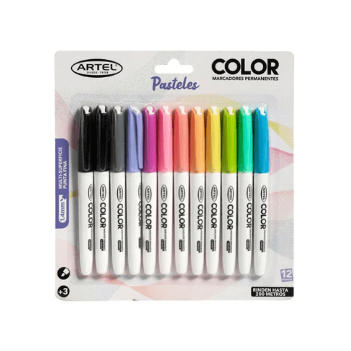 12 Unidades Marcadores Punta 1.4Mm Color Pastel + 2 Negro1
