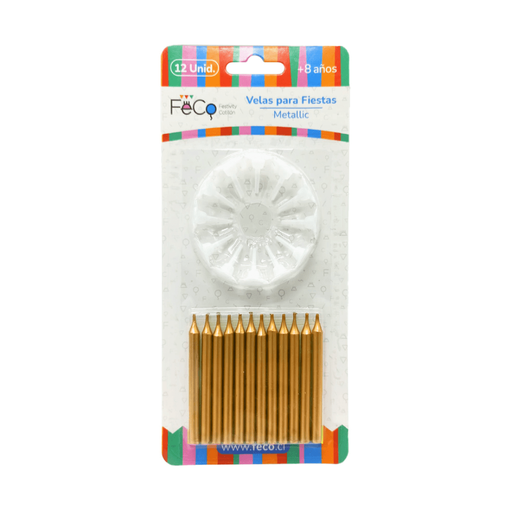 Vela Metalica Dorado 12Pcs Feco1