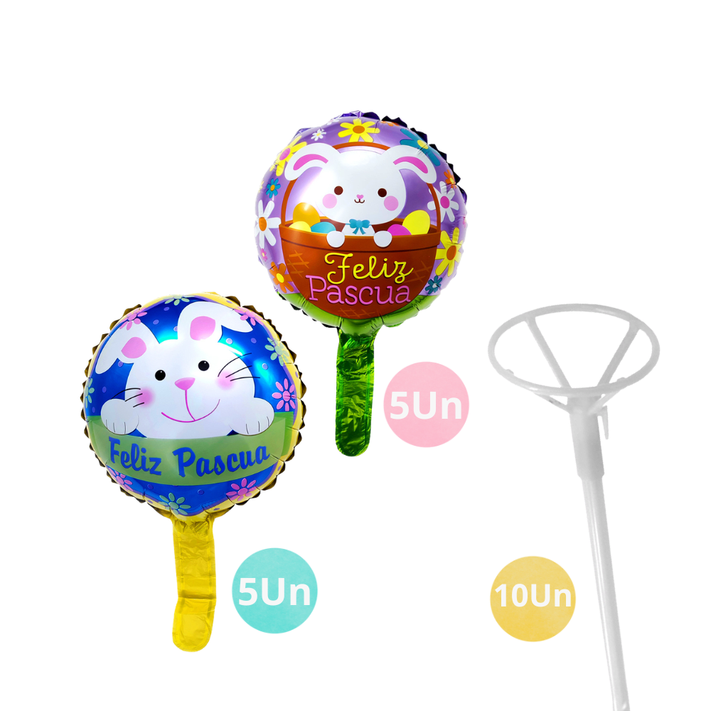 Pack 10 Globos y Varillas Pascua Conejito Feco1